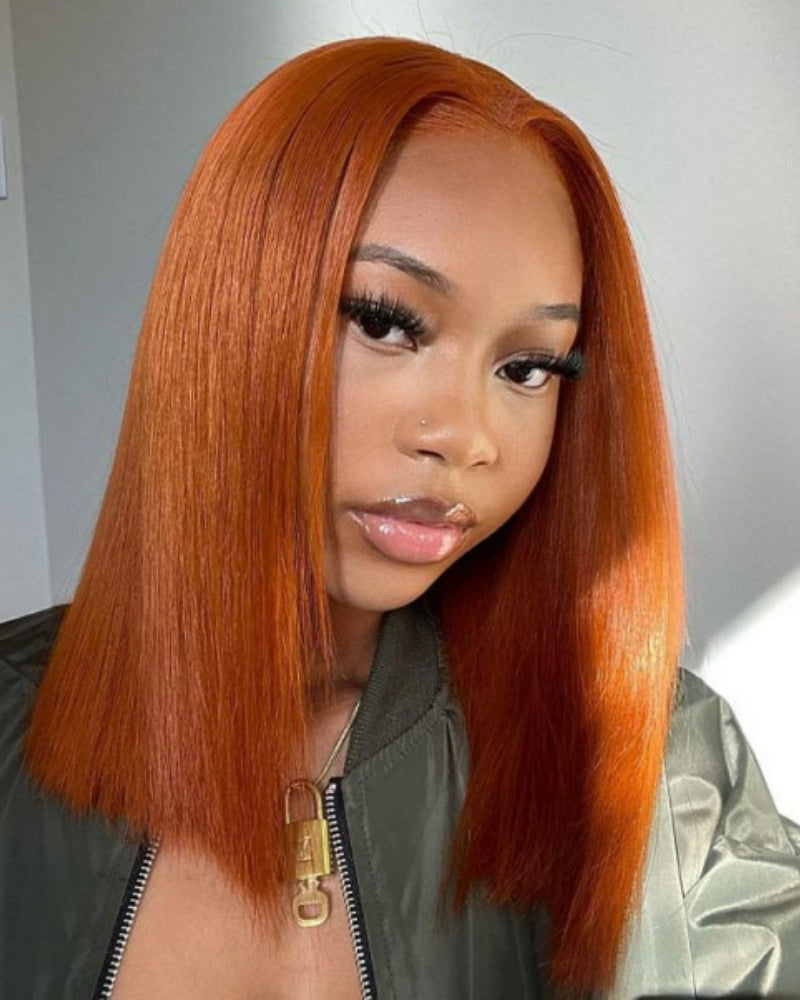 13x4 Ginger Orange Lace Front Bob Wig Human Hair Pre Plucked Hairline Brazilian Straight Short Bob Wigs Burnt Orange Colored