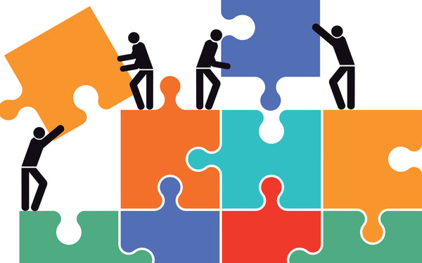 Image of a puzzle with missing pieces. People help each other to fill in the gaps.