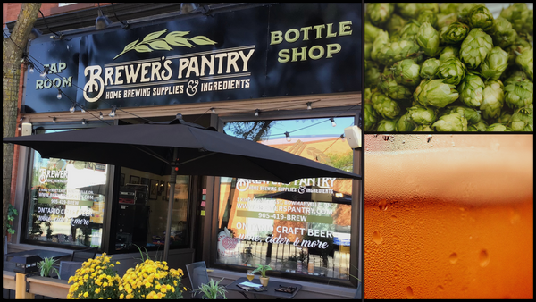 This image shows the Brewer's Pantry entrance, some green hops and a close up of delicious beer.