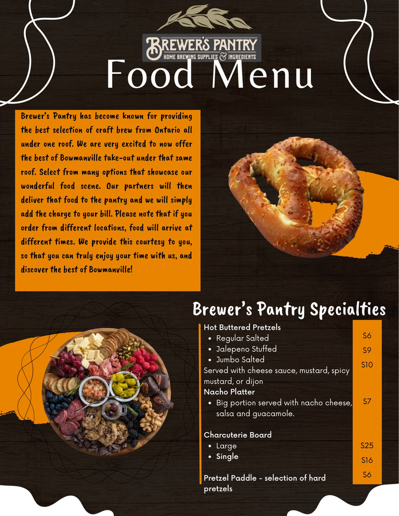 Order our specialties: hot pretzels, nacho plates and charcuterie boards