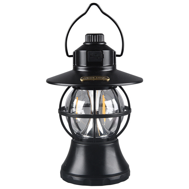Retro Lanterne de Camping Portable Multi-fonction Imperméable Lampe d'Eclairage Extérieur, Noir / Rechargeable