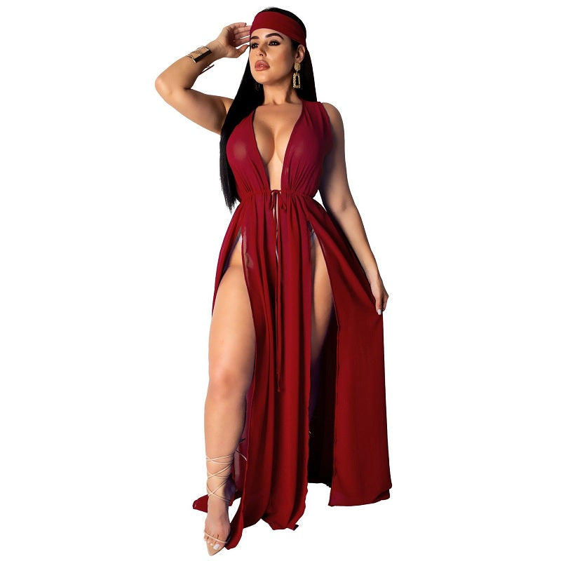 Robe d'été pour femmes Robe de fête en mousseline sexy Boho Casual Maxi Dresses, Rouge vin / M