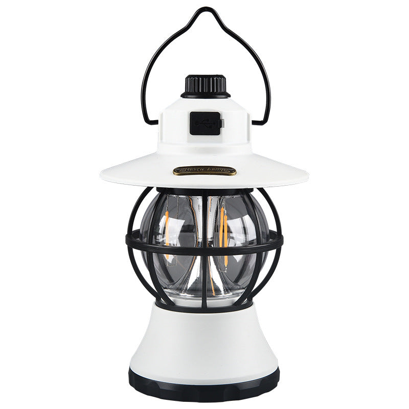 Retro Lanterne de Camping Portable Multi-fonction Imperméable Lampe d'Eclairage Extérieur, Blanc / Rechargeable