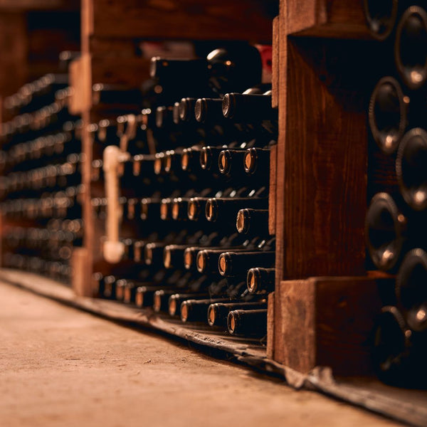 Wine bottles laying in a cellar