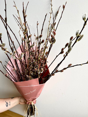 Pink Pussy Willow Valentine Bouquet Wrapped in pink compostable tissue