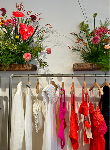 Mara Hoffman spring 2024 collection molly oliver flowers reds and pinks anthurium
