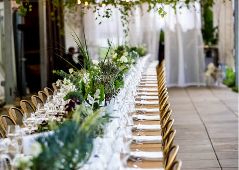 Our green tablescape design for a June 2019 corporate event for IBM on top of the Brooklyn Grange rooftop farm in the Brooklyn Navy Yard