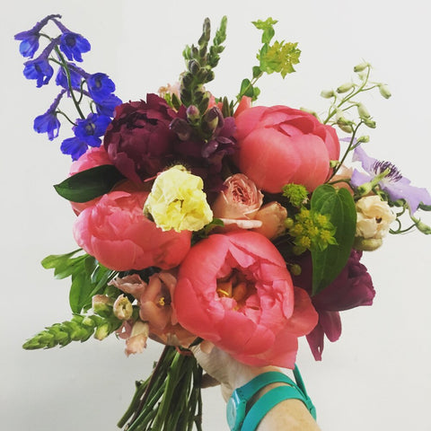 Late spring bouquet of Coral Charm peony, Bupleurum, Delphinium, Snapdragon