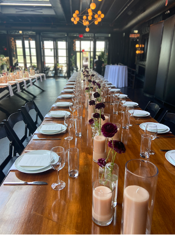 wedding reception table at 501 Union in Gowanus, Brooklyn, featuring 100% custom-dyed reusable beeswax candles eco-conscious