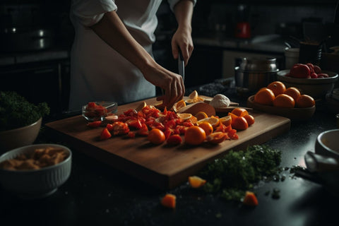 A person prepares healthy food by cutting vegetables on a cutting board, promoting optimal health and a balanced diet