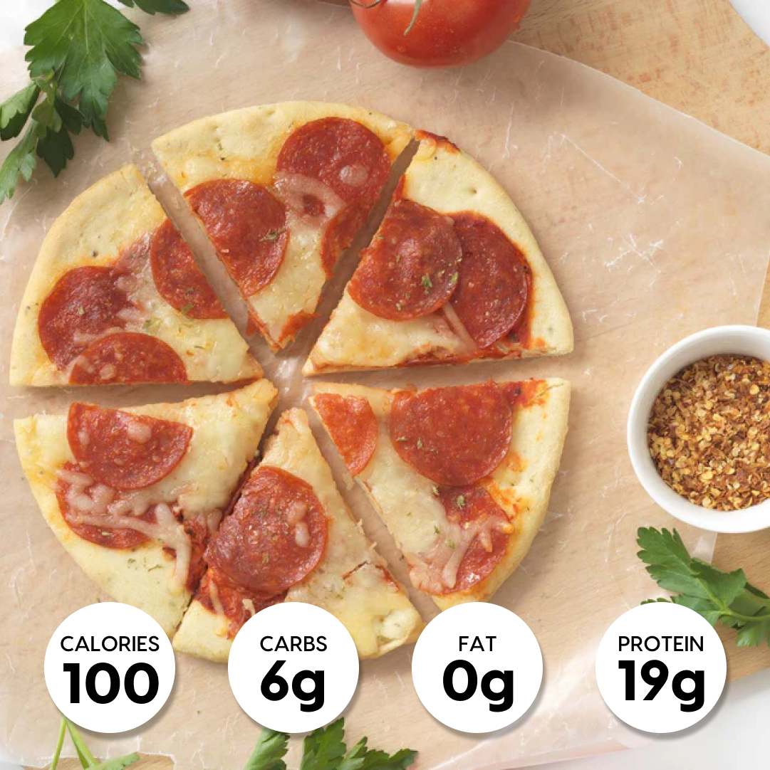 A pizza with a cut in half revealing the toppings, next to a label displaying nutritional information