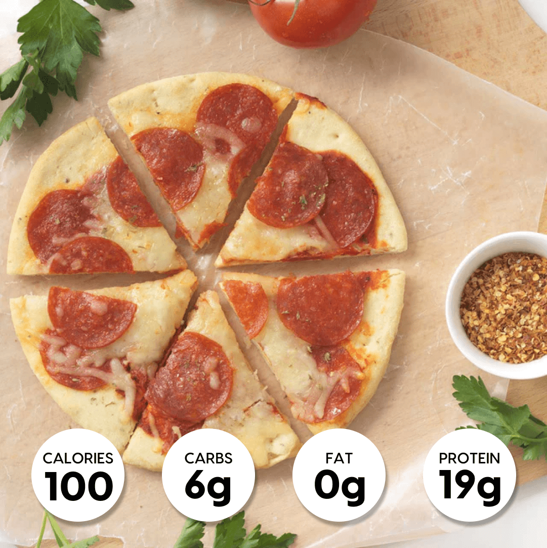 A sliced pizza with a label showing nutritional information