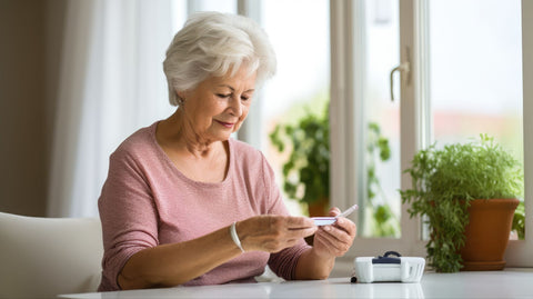 An elderly woman using a tablet to research and communicate, while focusing on hyperinsulinemia and insulin levels