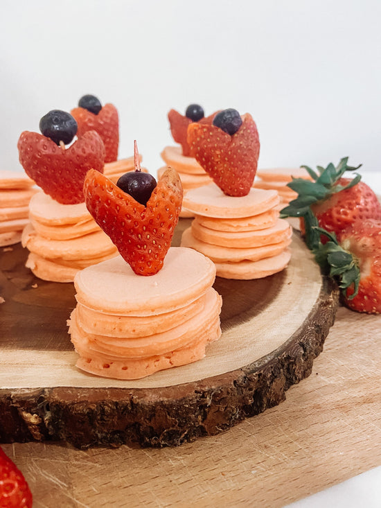 WiO Mini Pancake Stacks with a strawberry on top