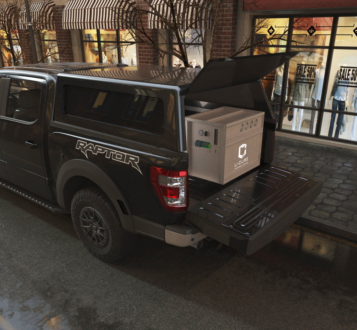 Mini Li-Cube portable power station at the cab of a ford 150 raptor