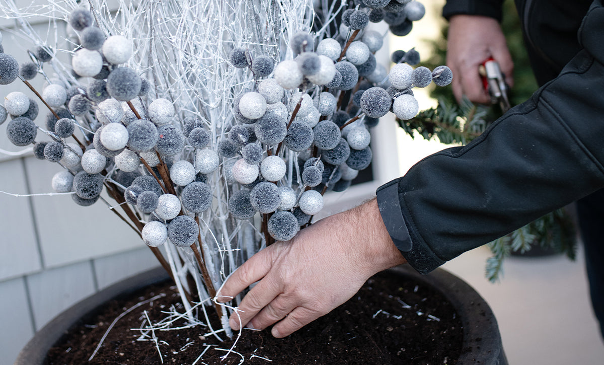 winter planter in silver and white