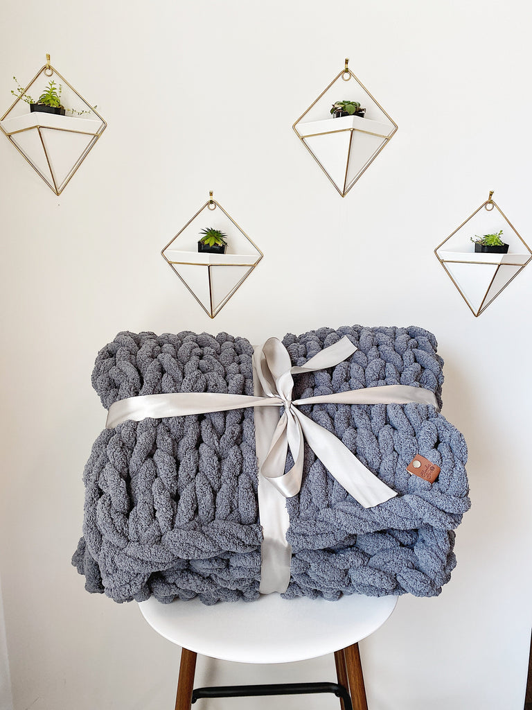 Kind Blanket / Handmade Knit Plush Blanket Throw - 5 Sizes - Dark Gray