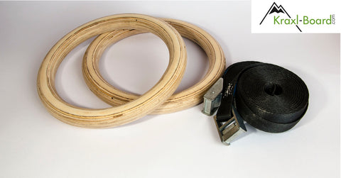 Kraxlboard Gymnastic rings made of birch wood with straps