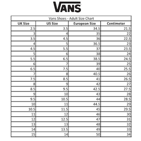 VANS Footwear Size chart