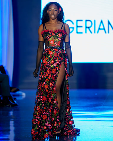 women in floral dress at Washington DC fashion week