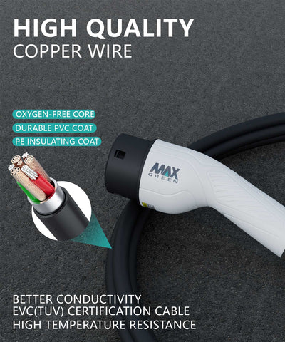 Câble de chargement MAXGREEN Type 2 EV Doté de fils de cuivre de haute qualité et d'une gaine isolante renforcée, il offre une protection inégalée contre l'usure quotidienne.