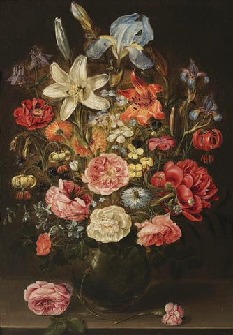 A Still Life of Lilies, Roses, Iris, Pansies, Columbine, Love in a Mist, Larkspur and Other Flowers in a Glass Vase on a Table Top, Flanked by a Rose and a Carnation Clara Peeters 1610