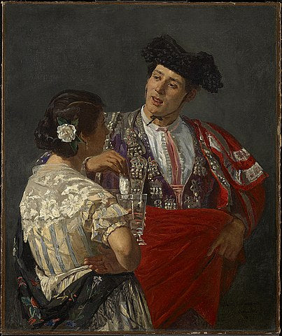 Woman offering a bullfighter a glass of wine.