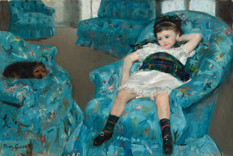 little girl in a blue armchair by Mary Cassatt.