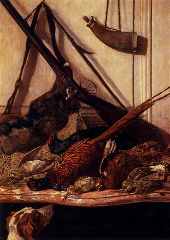 Pheasants, rifle, dogs head, and powder horn