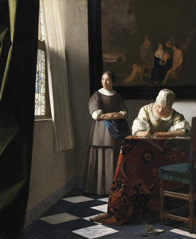 Lady writing a letter with her maid standing beside her