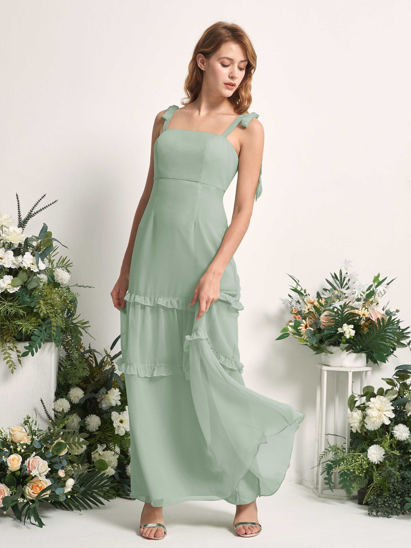 Bridesmaid Dress Chiffon Straps Full Length Sleeveless Wedding Party Dress - Sage Green (81227505)#color_sage-green