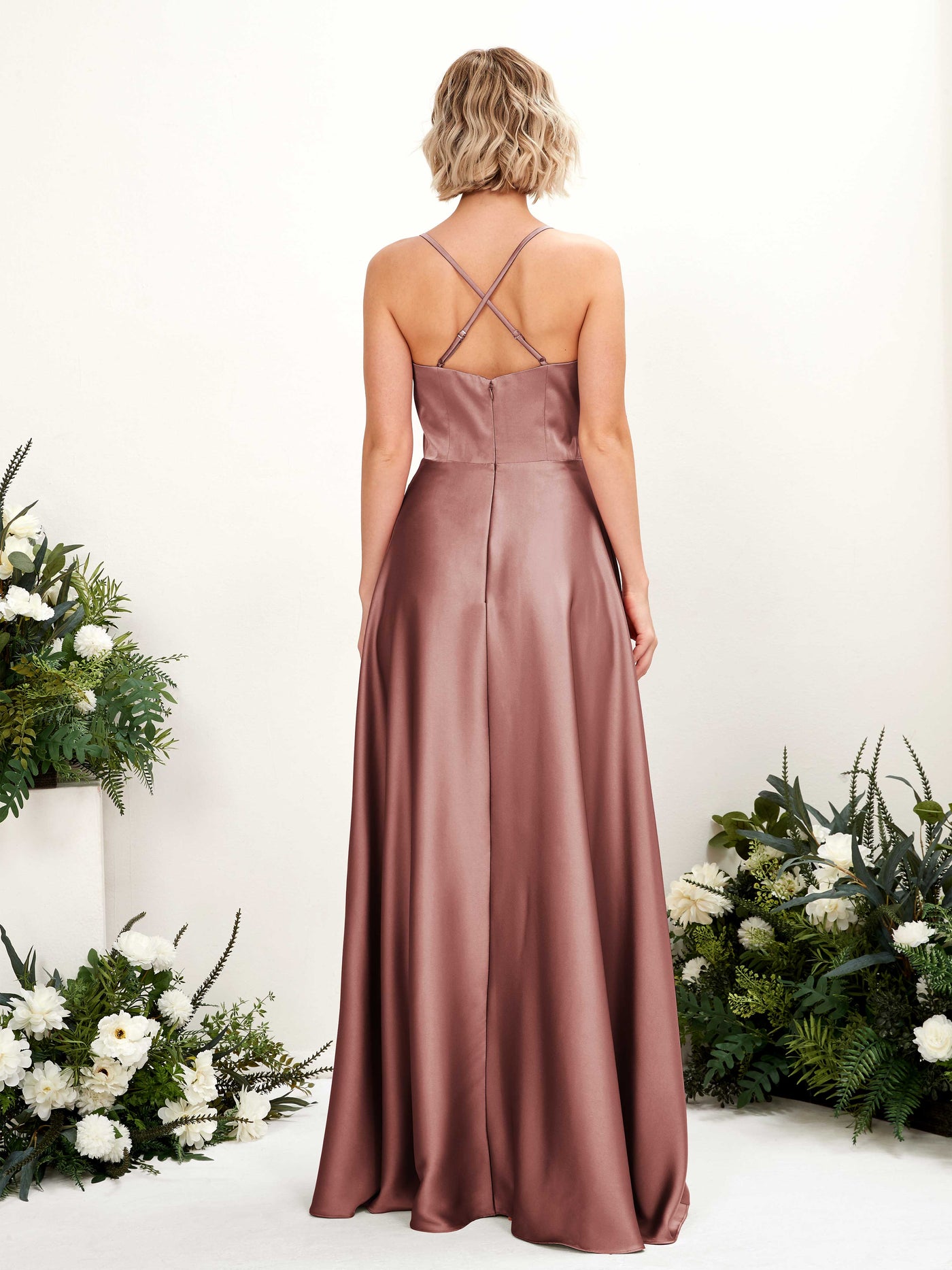 A-line Straps V-neck Satin Bridesmaid Dress - Desert Rose (80224817)#color_desert-rose