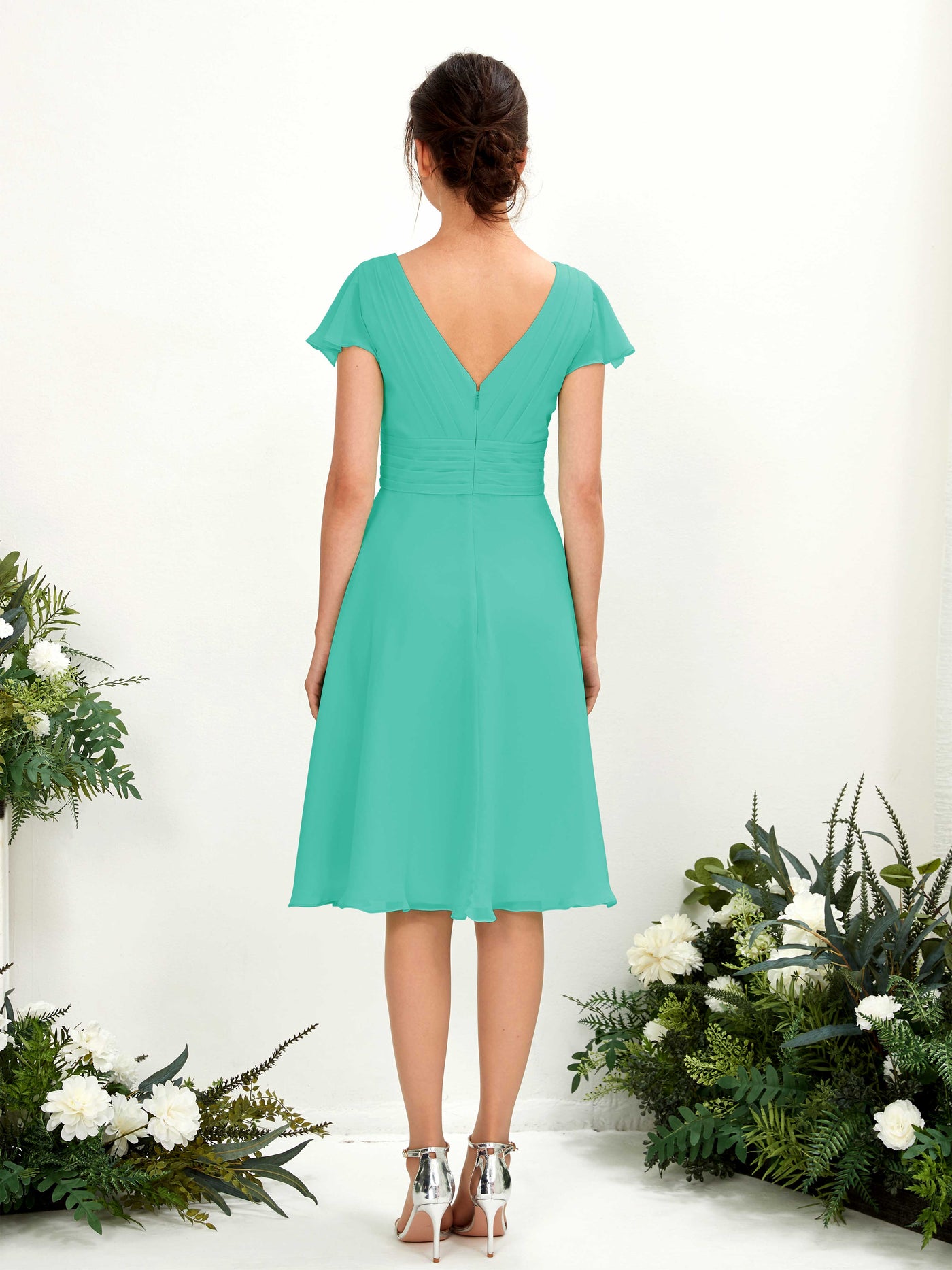 V-neck Short Sleeves Chiffon Bridesmaid Dress - Tiffany (81220232)#color_tiffany