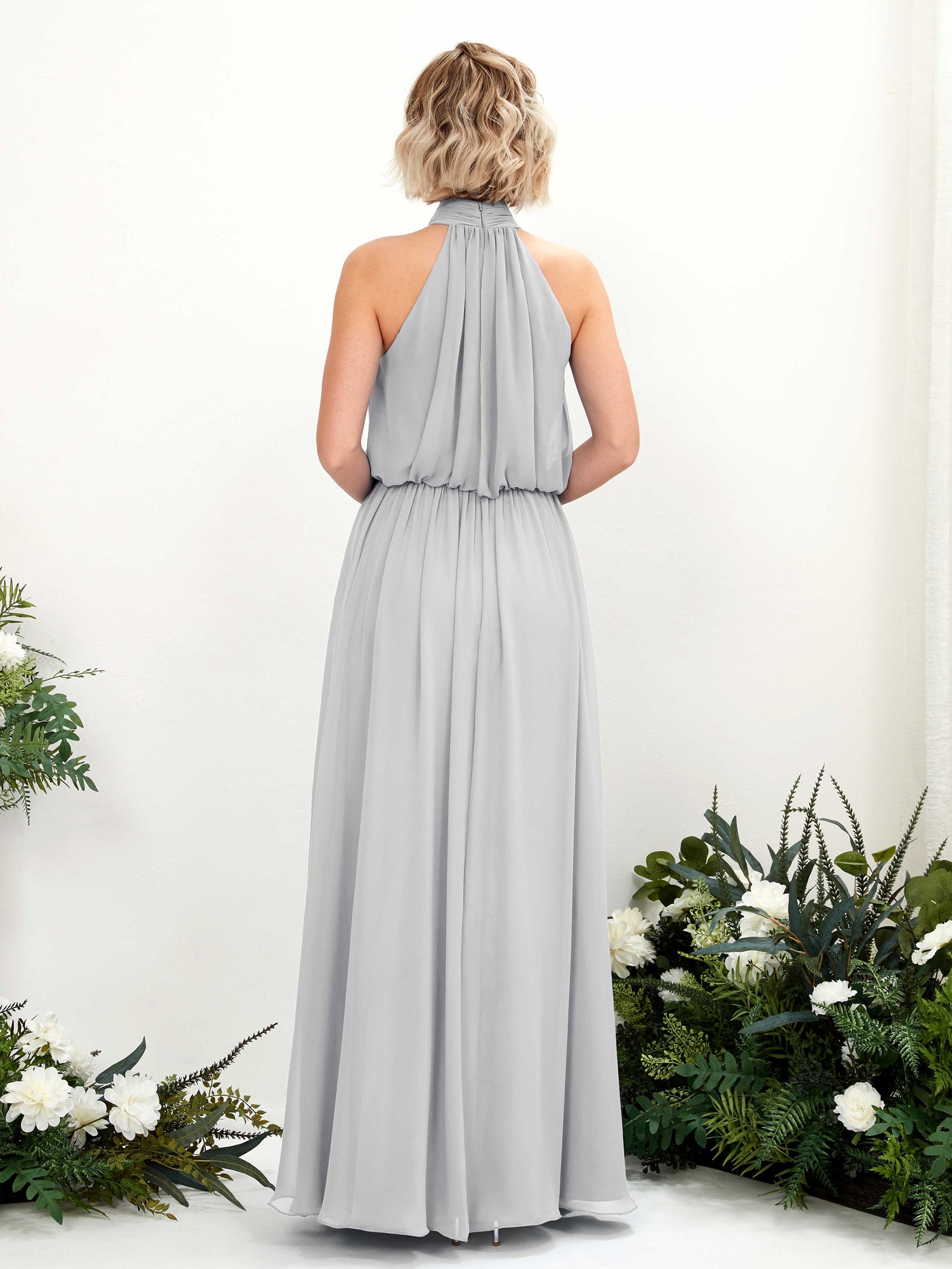 Open back Halter Sleeveless Chiffon Bridesmaid Dress - Silver (81222927)#color_silver