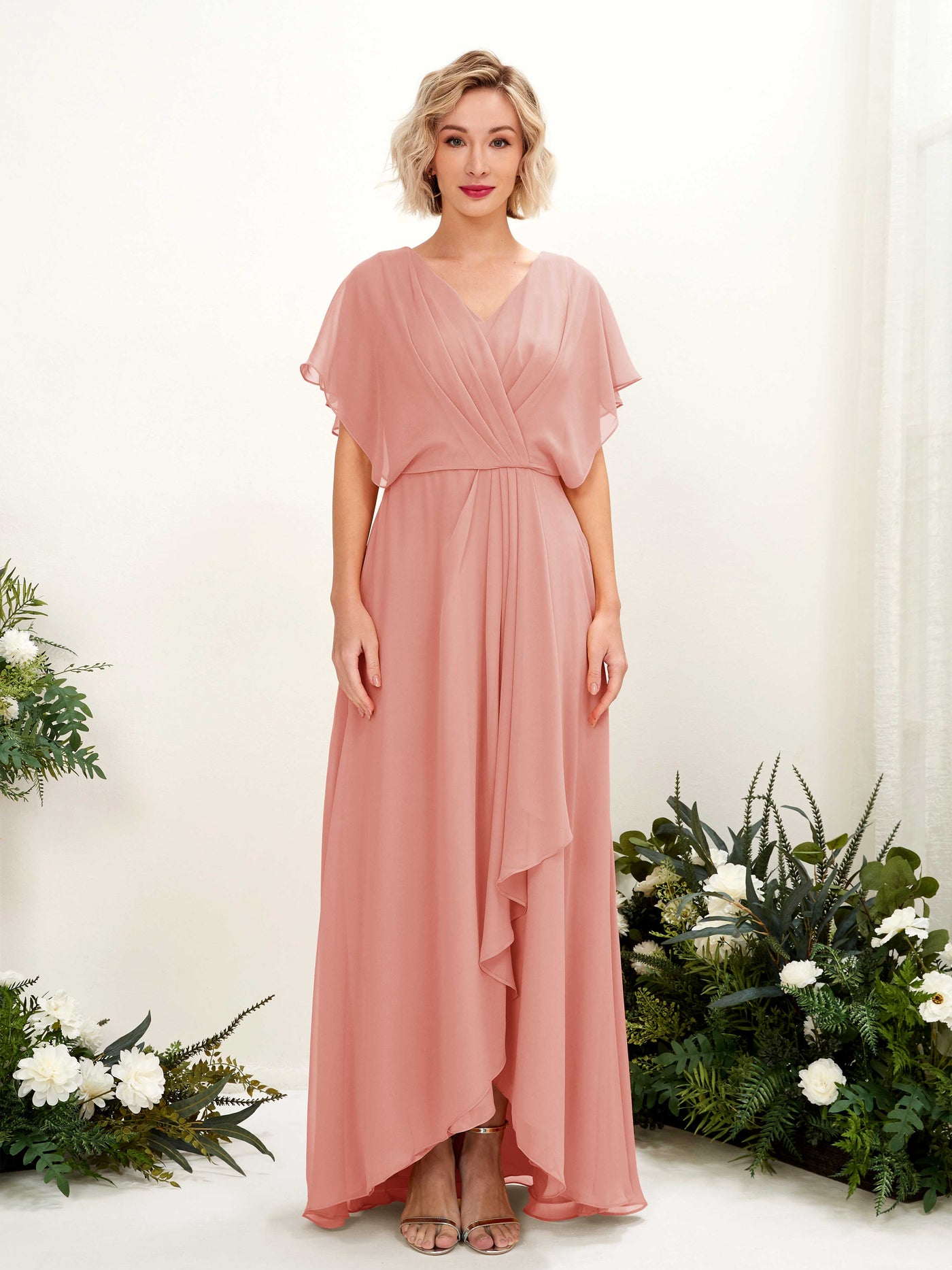 A-line V-neck Short Sleeves Chiffon Bridesmaid Dress - Champagne Rose (81222106)#color_champagne-rose
