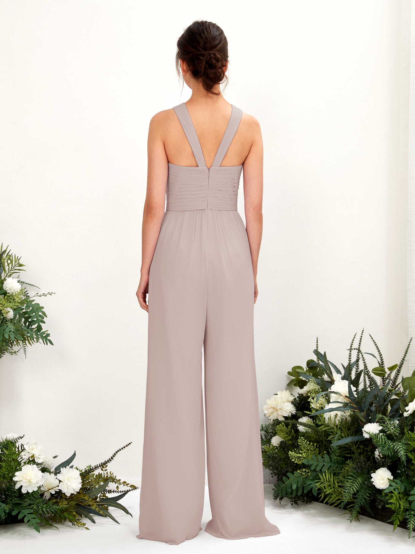 V-neck Sleeveless Chiffon Bridesmaid Dress Wide-Leg Jumpsuit - Taupe (81220724)#color_taupe