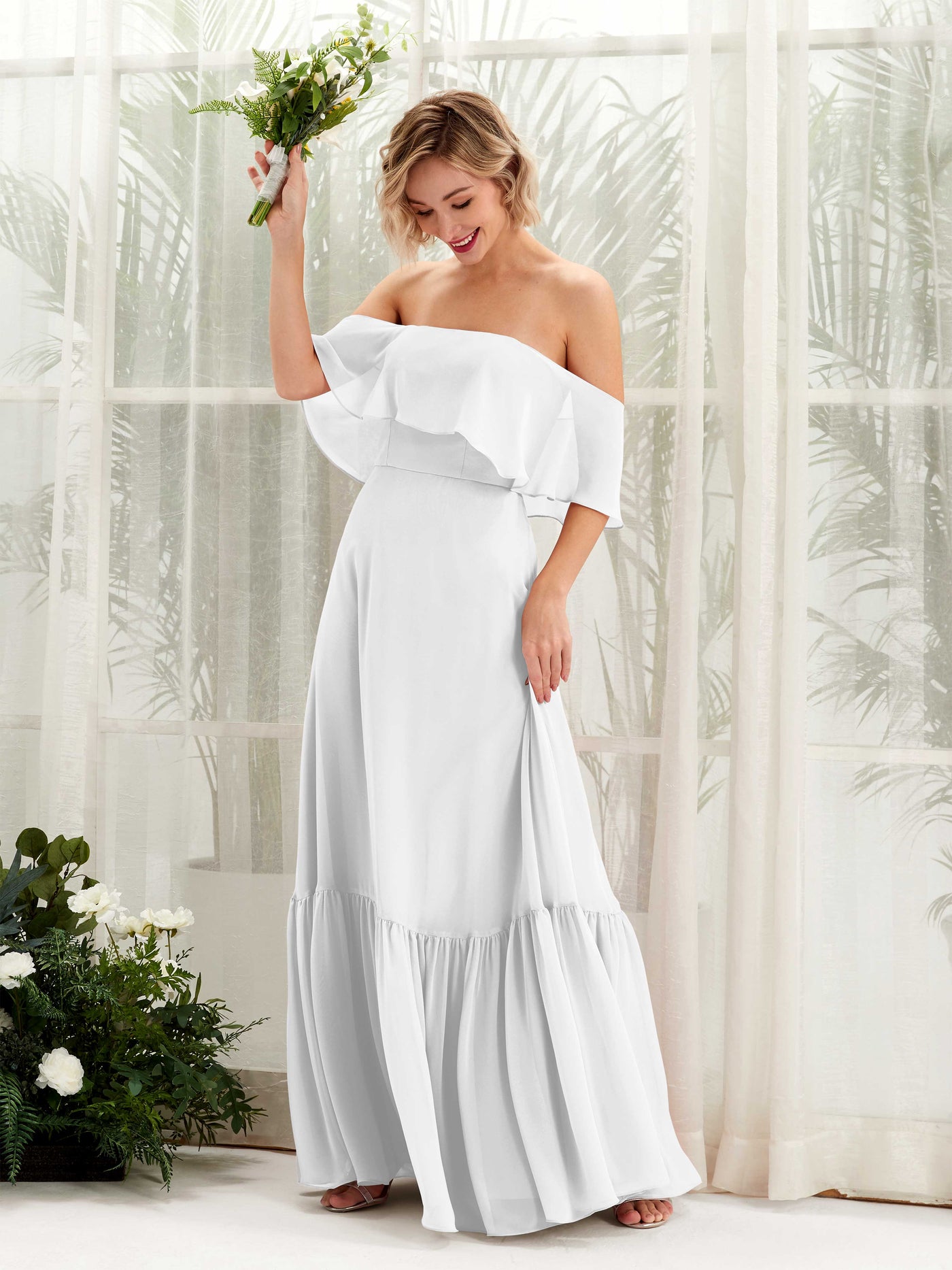 A-line Open back Off Shoulder Chiffon Bridesmaid Dress - White (81224542)#color_white