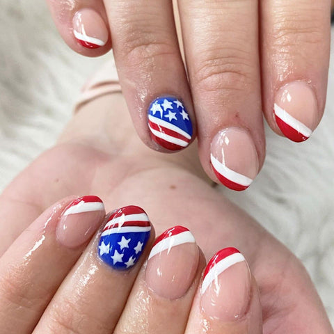 4th of July Press On Nails Short Square Fake Nails Independence Day False  Nails American Flag Stick on Nails Full Cover Glossy Glue On Nails  Artificial Nails Flag Design for Women and