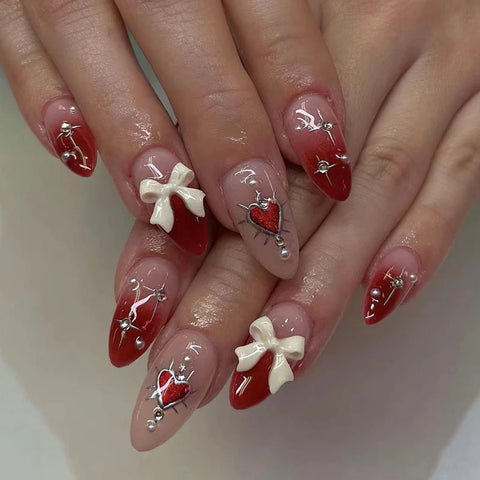 Bow Tie Heart Ombre Nails Red Medium Almond Press-Ons