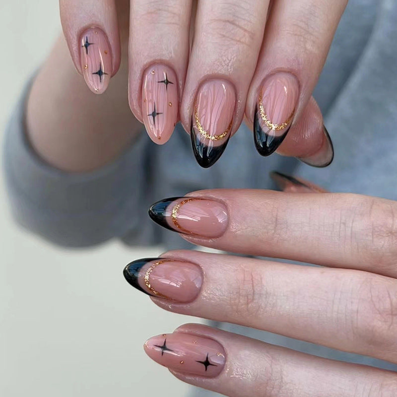 Star Glitter French Tips Nails Black Medium Almond | Bettycora