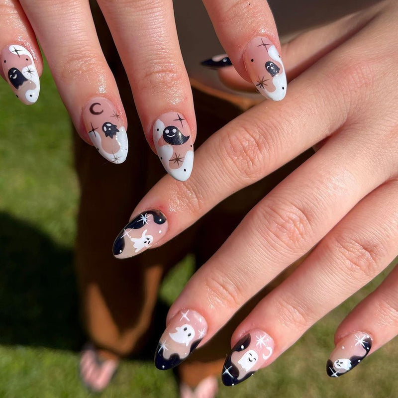 black and white almond nails