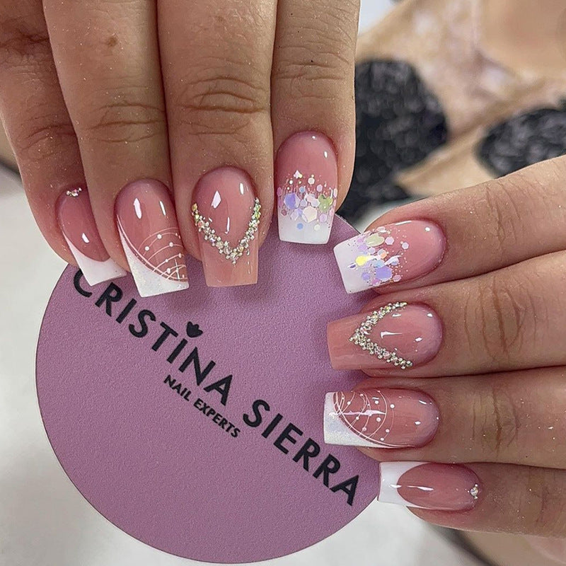 Sweet French Glitter Pink Medium Square Press On Nails | Bettycora