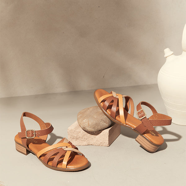 Brown Leather Flat Sandals with Braided Strap