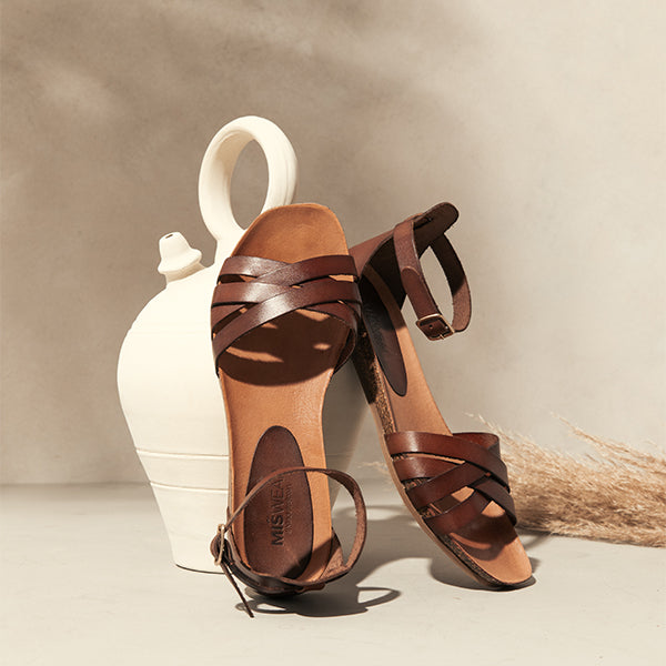 Brown Leather Flat Sandals with Braided Strap