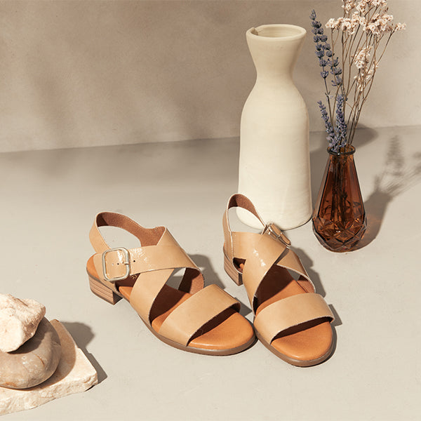 Tan Brown Leather Flat Sandals with Crossover Strap