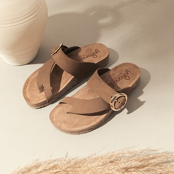 Tan Brown Leather Slide Sandals with Buckle Strap