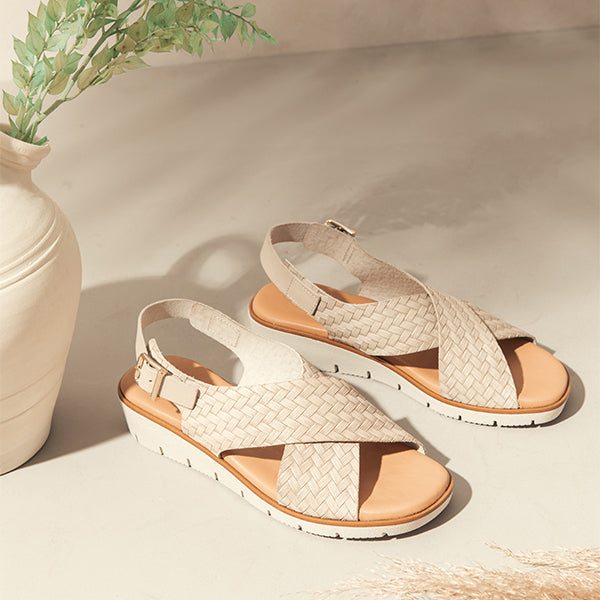White Leather Flat Sandals with Braided Embossed
