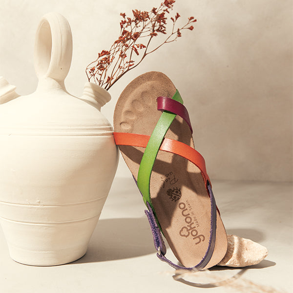 Multi-Color Leather Flat Sandals with Scratch Straps