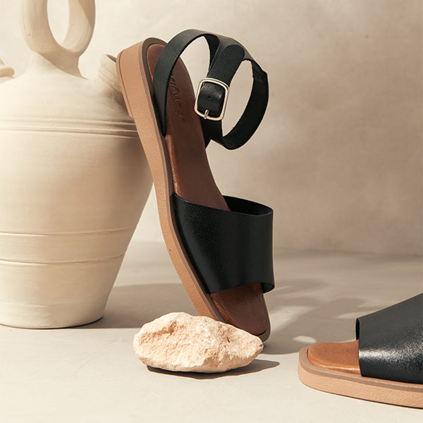 Black Leather Flat Sandals with Buckle Up