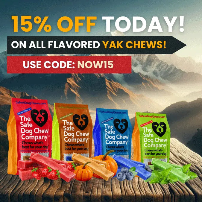 '15% off flavored yak chews, use code NOW15, various packages displayed on wooden surface.'